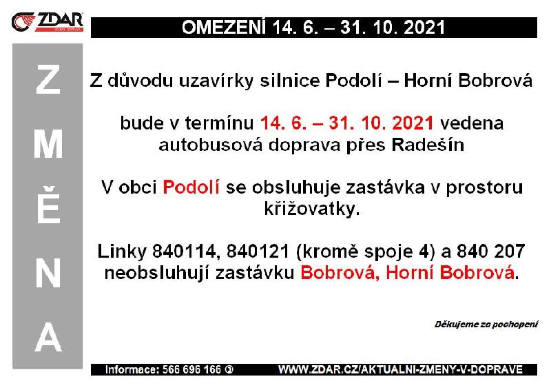 Informace od fimry ZDAR a.s. - objížďka Bobrová - Podolí