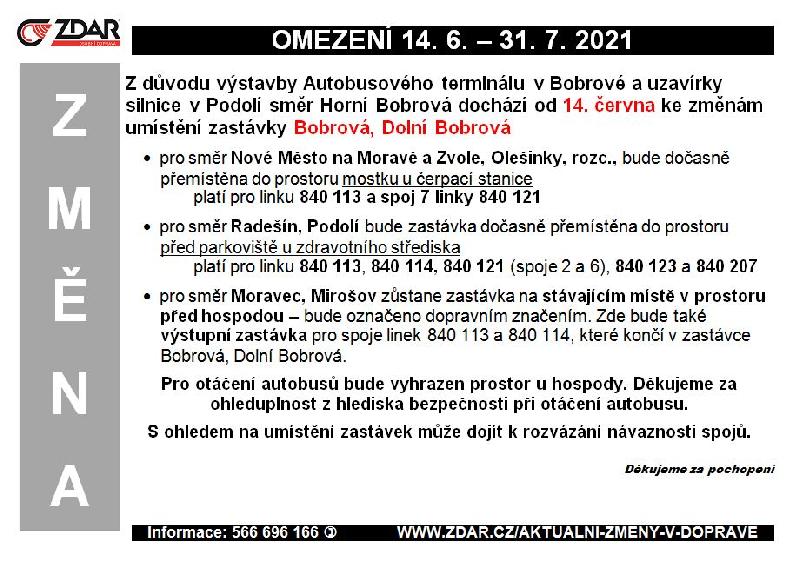 Informace od fimry ZDAR a.s. - objížďka Bobrová - Podolí