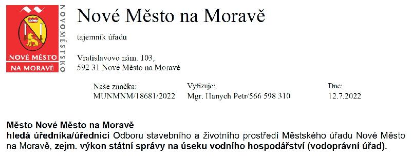 Město Nové Město na Moravě hledá úředníka/úřednici Odboru stavebního a životního prostředí