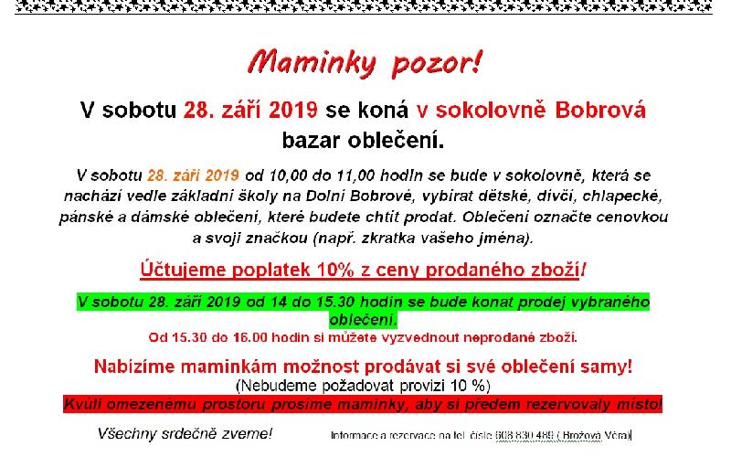Aktuality - BAZAR OBLEČENÍ V SOKOLOVNĚ 28.9.2019 OD 10:00 DO 11:00HOD.